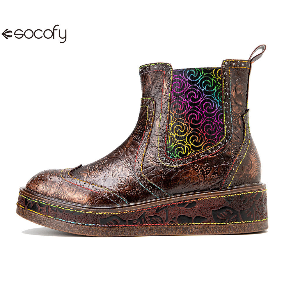 Socofy Genuine Leather Vintage Boots Warm Knee Flat Heel Short Boots