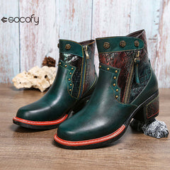 Socofy Vicconfy Women's Martin Boots Leather Patchwork Ethnic Vintage Short Boots