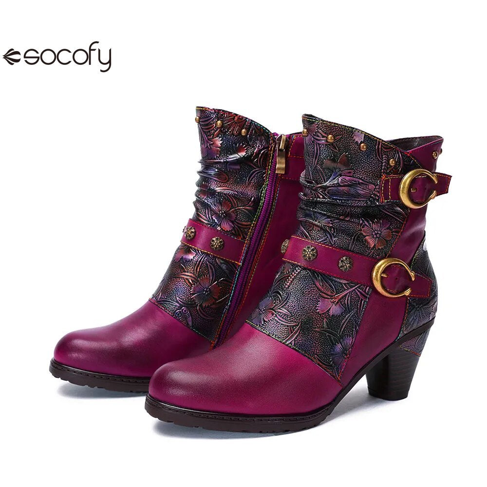 SOCOFY  Genuine Leather Retro Handmade Embossed Fashion Zip Winter Short Boots