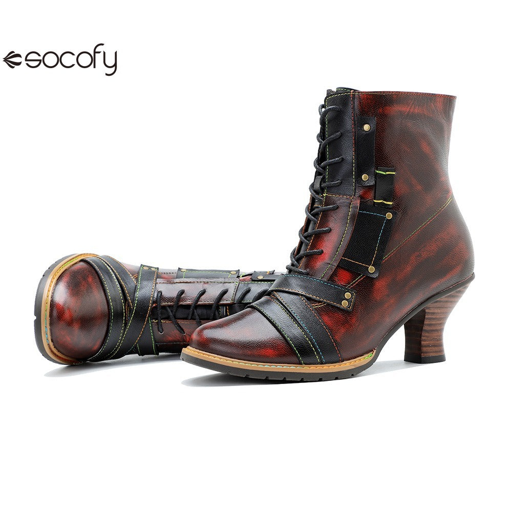 Socofy Leather Vintage Boots High Heeled Boots