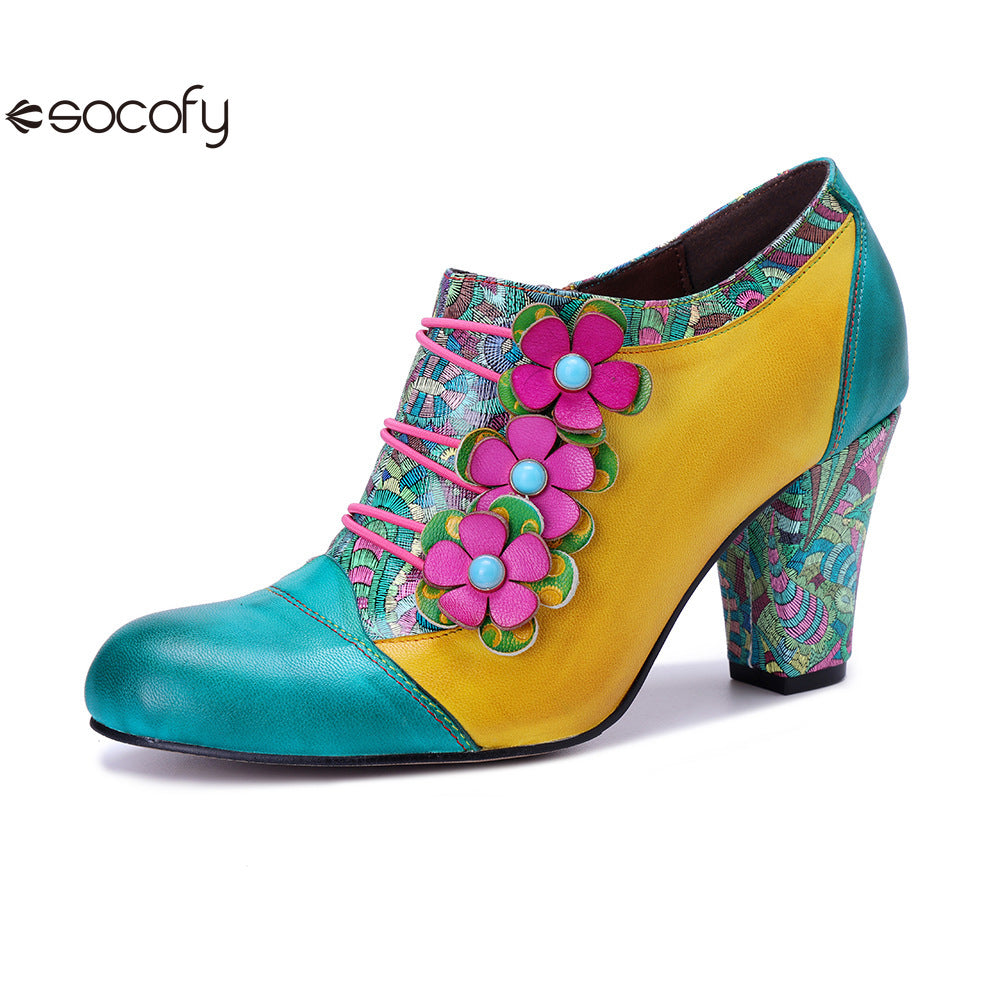 Socofy Leather Genuine Leather Vintage Floral Chunky Heeled Pumps