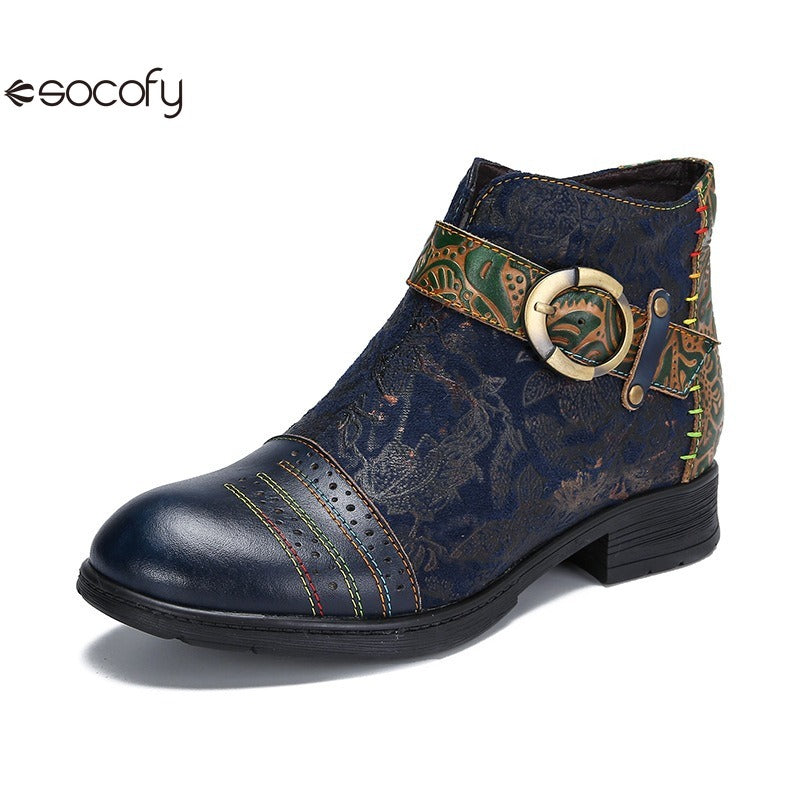 SOCOFY Genuine Leather Ethnic Style Round Toe Belt Buckle Handmade Embossing Short Boots