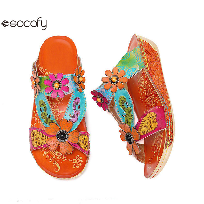 Socofy Vicconfy Loose Round Toe Handmade Cubic Flower Ethnic Flat Sandals