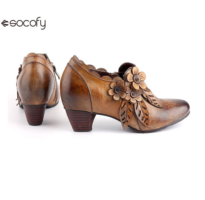 Socofy Genuine Leather Handmade Vintage Fashion Side Zipper High Heels Women's Shoes