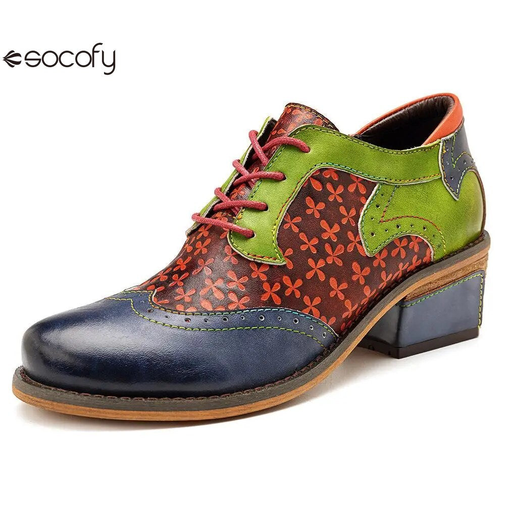 Socofy New Spring Genuine Leather Round Toe Lace-up Mixed Colors Ethnic Casual Sewing Pumps