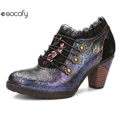 Socofy Vicconfy Genuine Leather Lace Trim Vintage Floral Illusion Heels