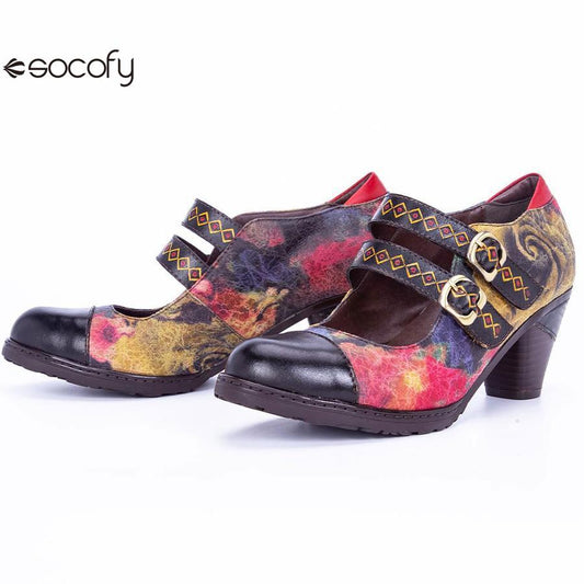 Socofy ethnic style retro genuine leather high heels women's shoes 900