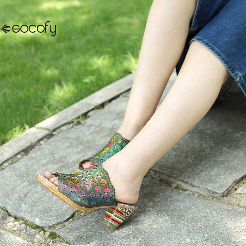 Socofy summer leather rubbed retro colourful hollow out high heel sandals