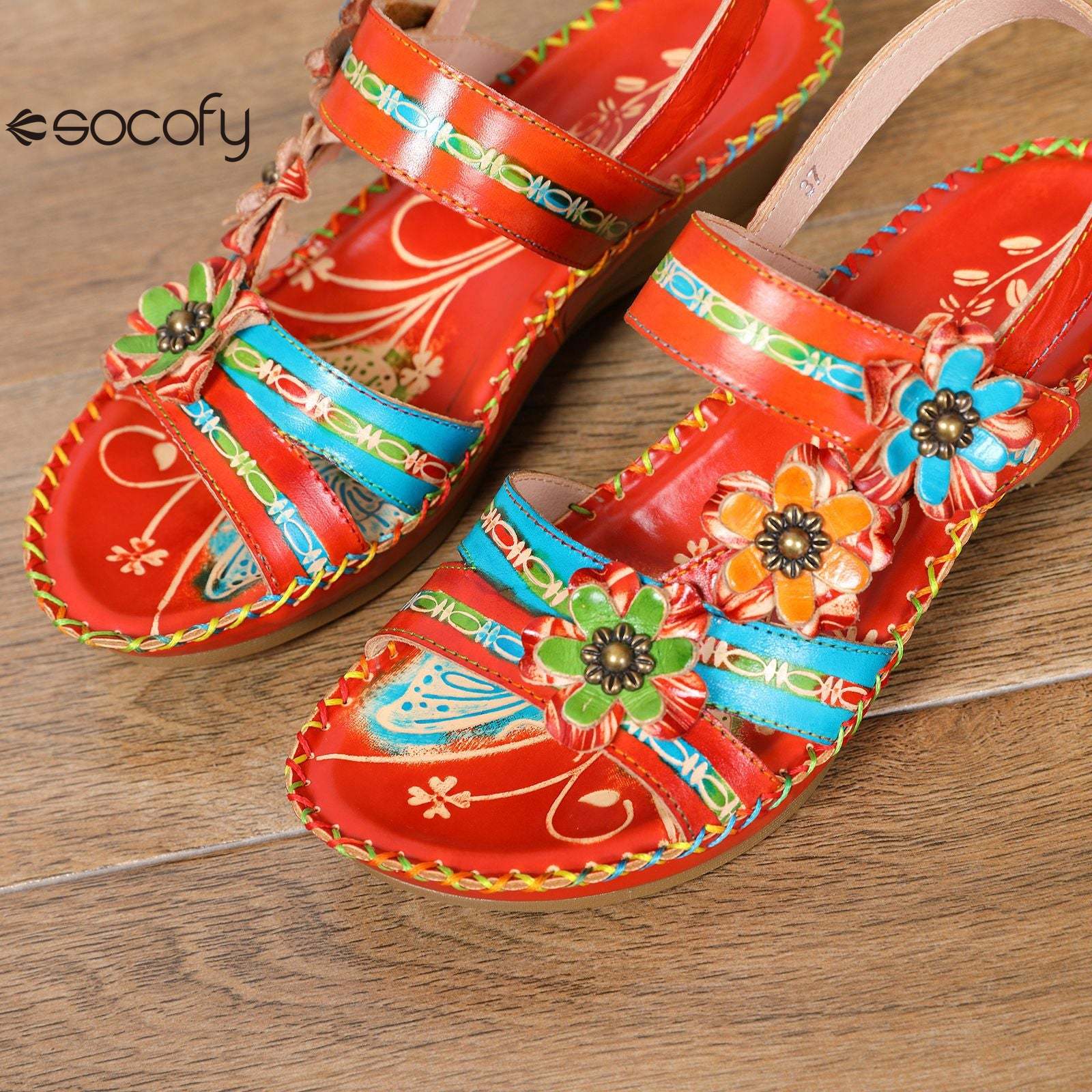 Socofy Vicconfy Summer genuine leather ethnic style wedge heel retro casual fashion flower decorated sandals