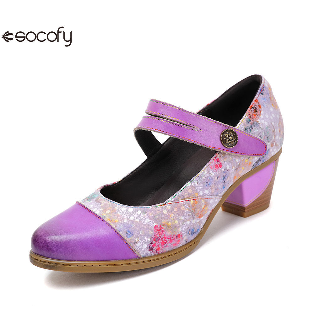 Socofy Vicconfy Genuine Leather Ethnic Vintage Style High Heeled Shoes