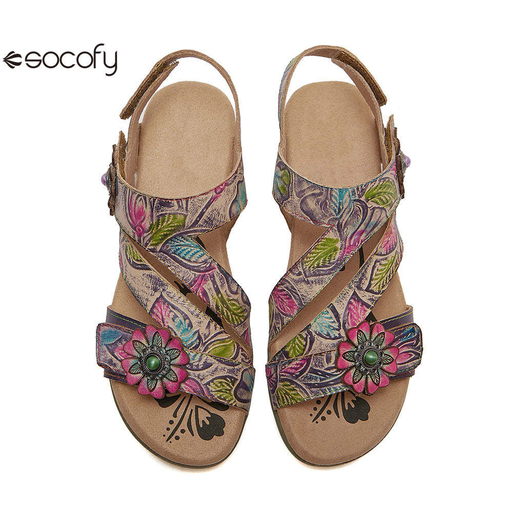 Socofy Bohemian retro first-layer cowhide flower-embellished women's sandals