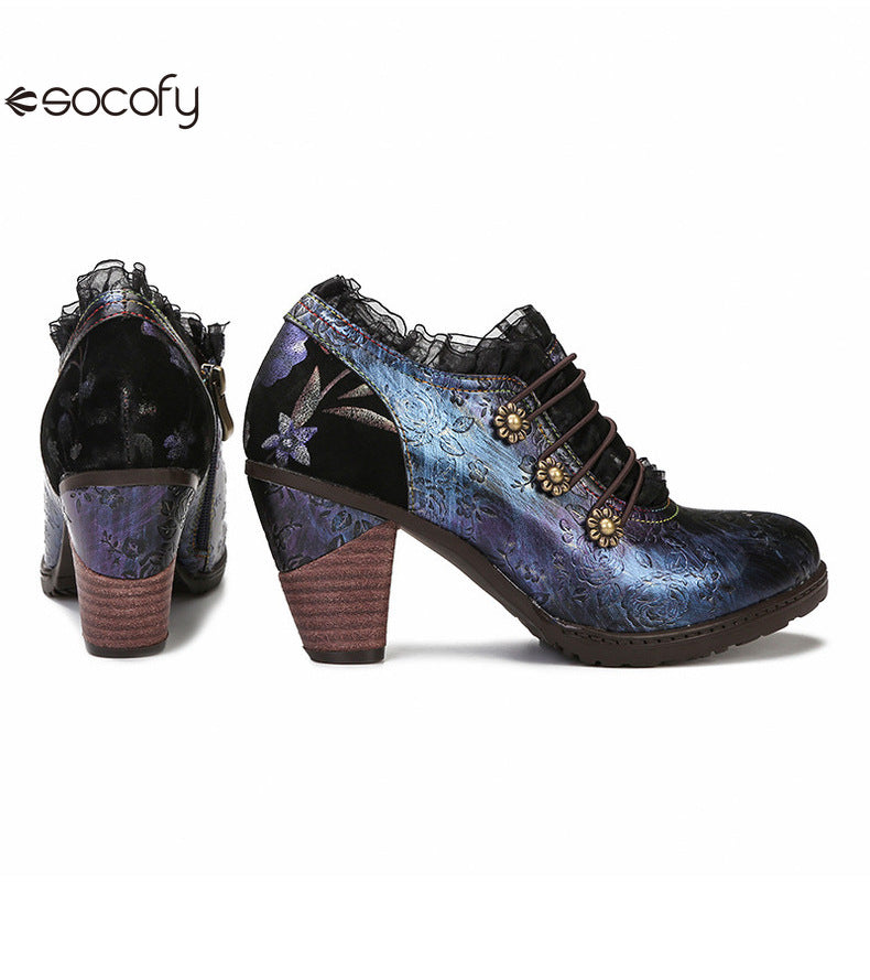 Socofy Vicconfy Genuine Leather Lace Trim Vintage Floral Illusion Heels