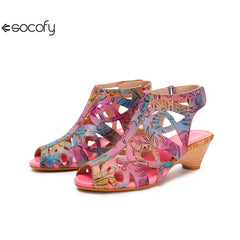 Socofy Summer ethnic style cowhide retro casual fish mouth women's sandals