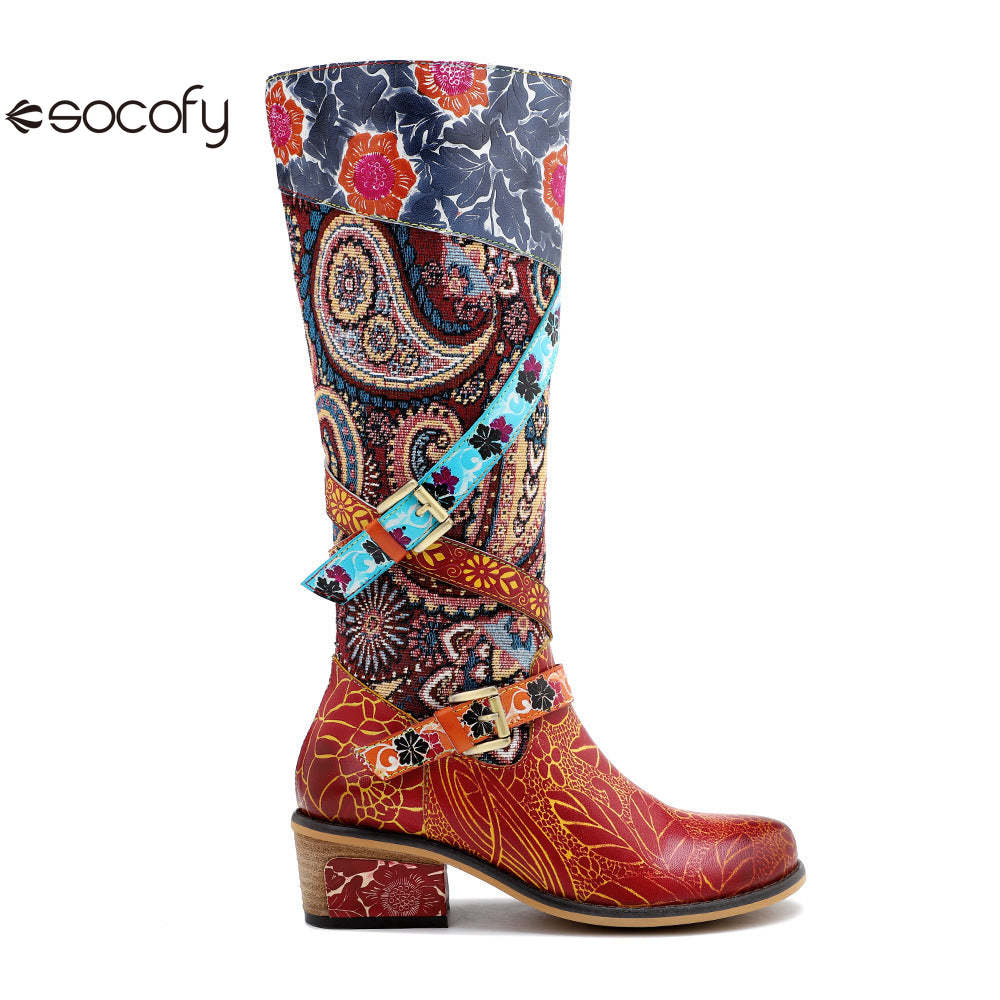 Socofy Leather Vintage Print Chunky Heel Knee Women's Boots