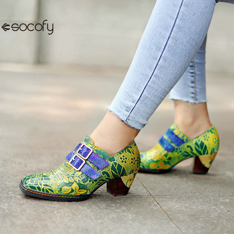 Socofy genuine leather green printed pastoral style retro thick heel women's high heels