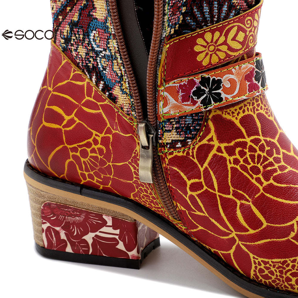 Socofy Leather Vintage Print Chunky Heel Knee Women's Boots