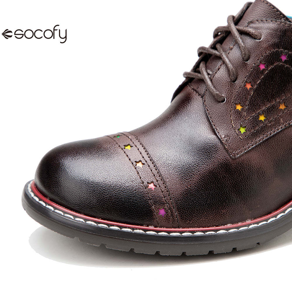 Socofy Leather Star Deco Lace Up Chunky Heel Single Shoes