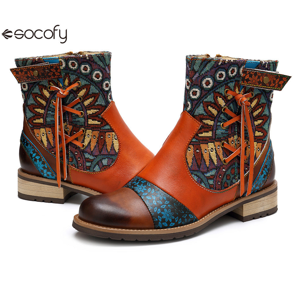 Socofy Vicconfy Genuine Leather Fringe Vintage Boots Flat Boots