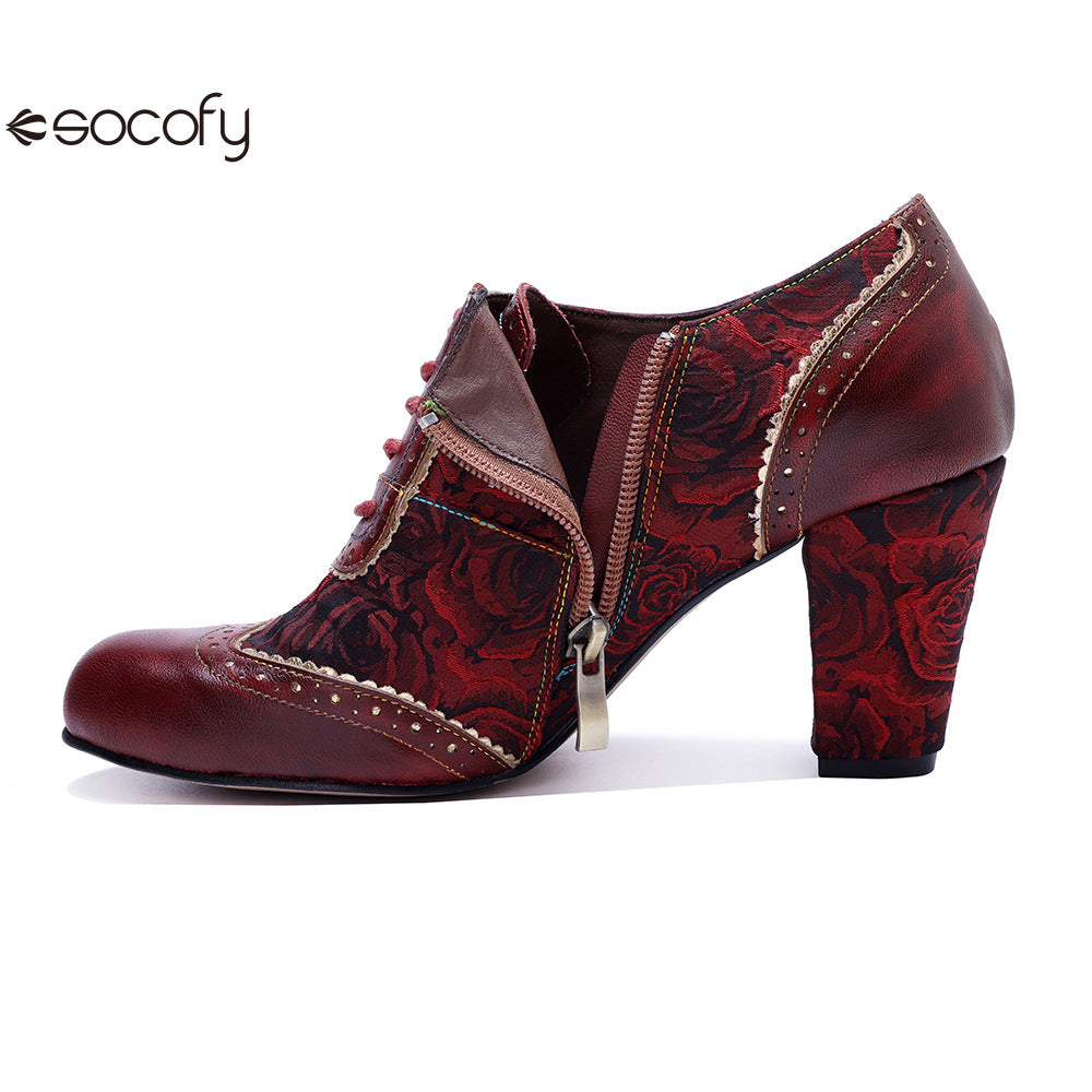 Socofy Genuine Leather Women's Leather Rivets Vintage French Court Style Elegant High Heels