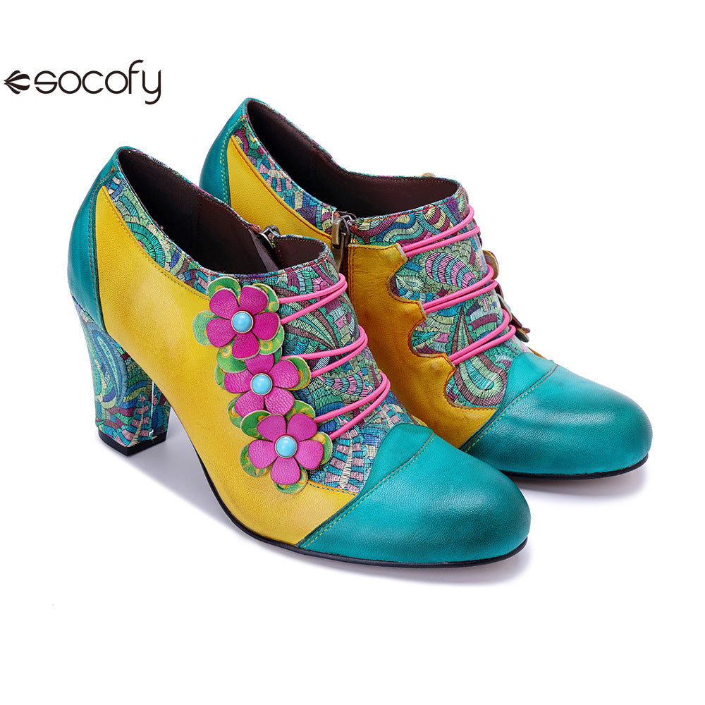 Socofy Leather Genuine Leather Vintage Floral Chunky Heeled Pumps