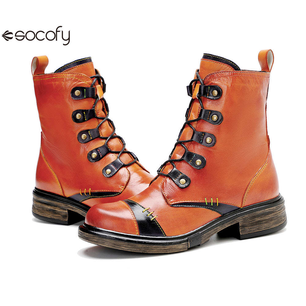 Socofy Vicconfy Leather Handmade Color Clash Retro Fashion Martin Boots Women's Boots