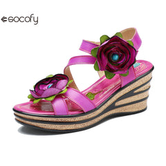 Socofy summer leather three-dimensional flowers comfortable sloping sandals