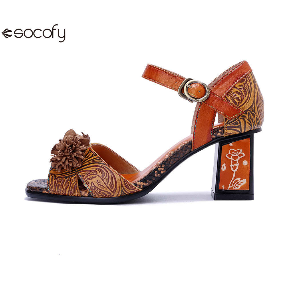 Socofy Vicconfy Handmade Leather Vintage Printed Dimensional Heeled Sandals