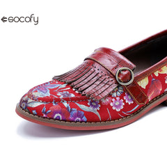 Socofy Handmade Leather Vintage Printed Tassel Flat Loafers Shoes