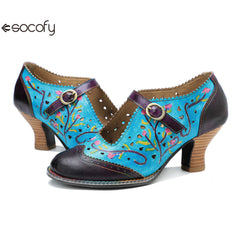 Socofy genuine leather hand-rubbed hollow flower high heels for women