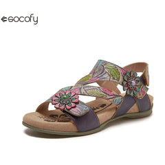 Socofy Bohemian retro first-layer cowhide flower-embellished women's sandals