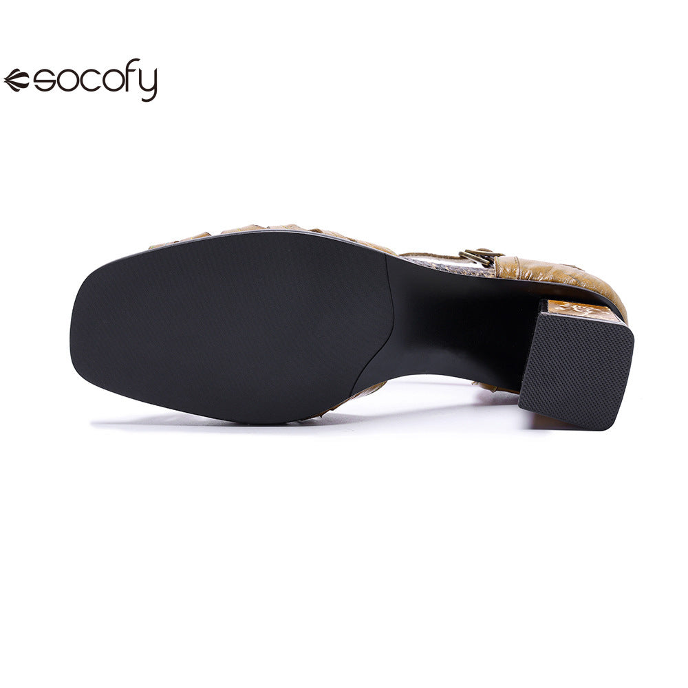 Socofy Leather Handmade Hollowed Out Vintage Heeled Sandals