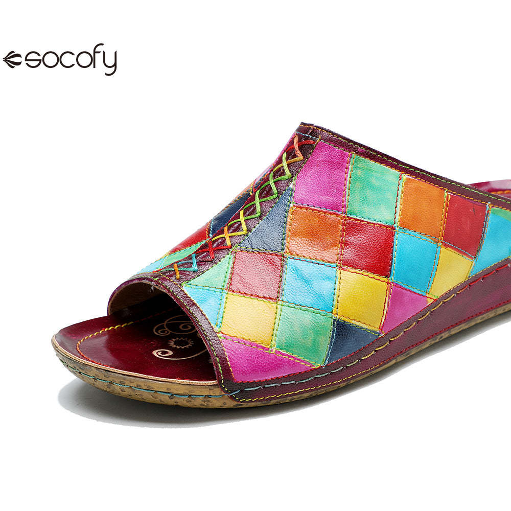 Socofy new summer style genuine leather retro plaid comfortable flat women's slippers