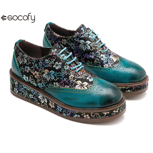 Socofy lace up deco casual shoes retro thick shoes Platform Flats 1000