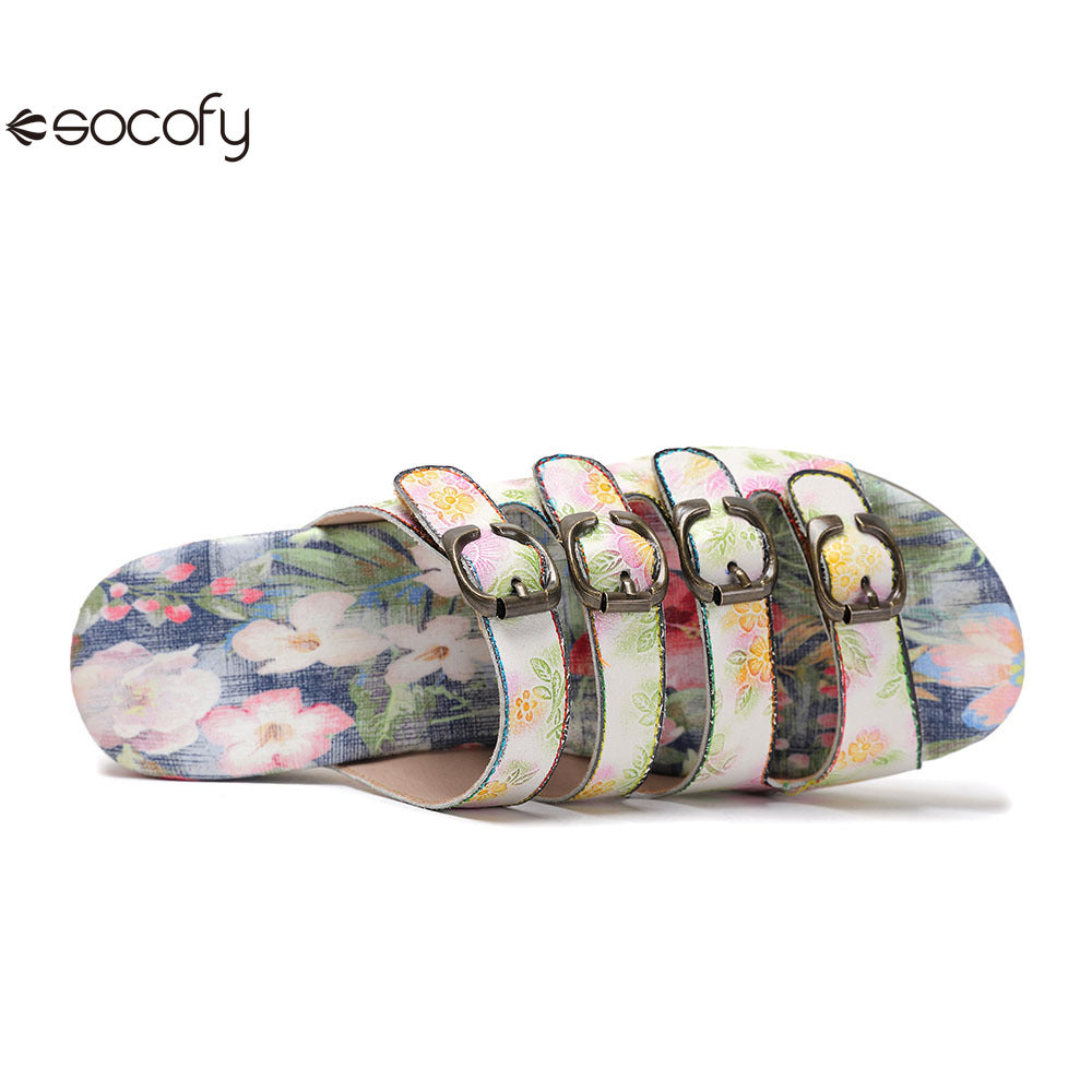 Socofy Vicconfy Summer Floral Leather Slippers