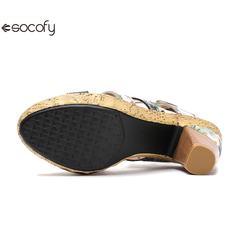 Socofy Vicconfy Leather Floral Heeled Black Sandals