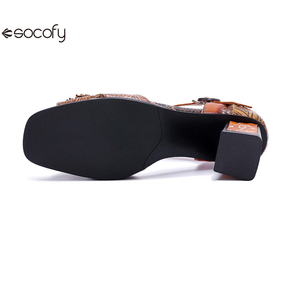 Socofy Vicconfy Handmade Leather Vintage Printed Dimensional Heeled Sandals