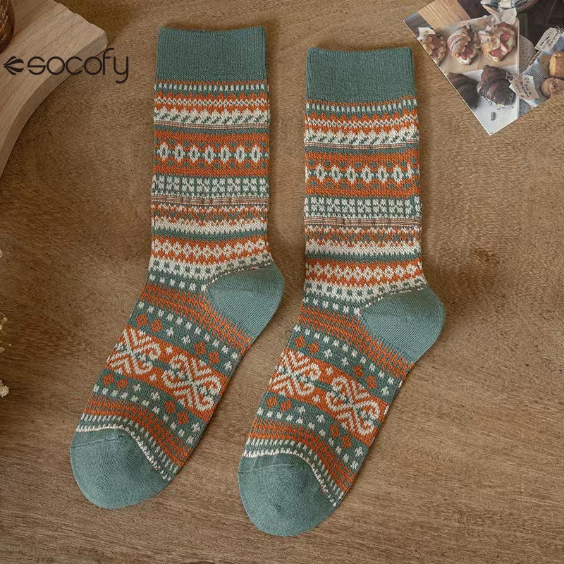 Socofy Vicconfy Mid-calf Socks Vintage Ethnic Striped Cotton Socks