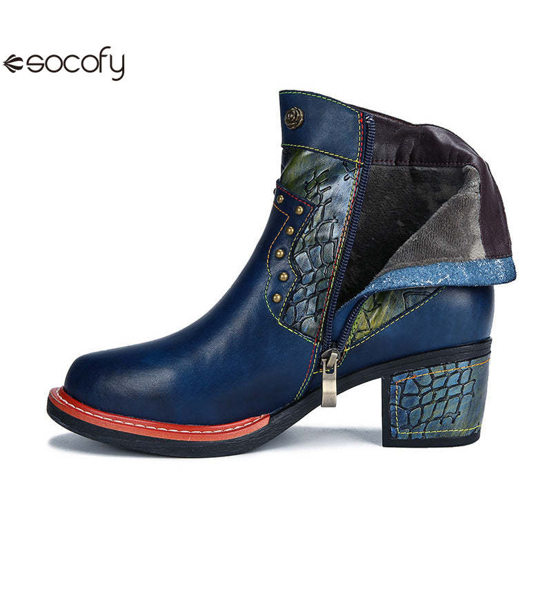 Socofy Vicconfy Women's Martin Boots Leather Patchwork Ethnic Vintage Short Boots