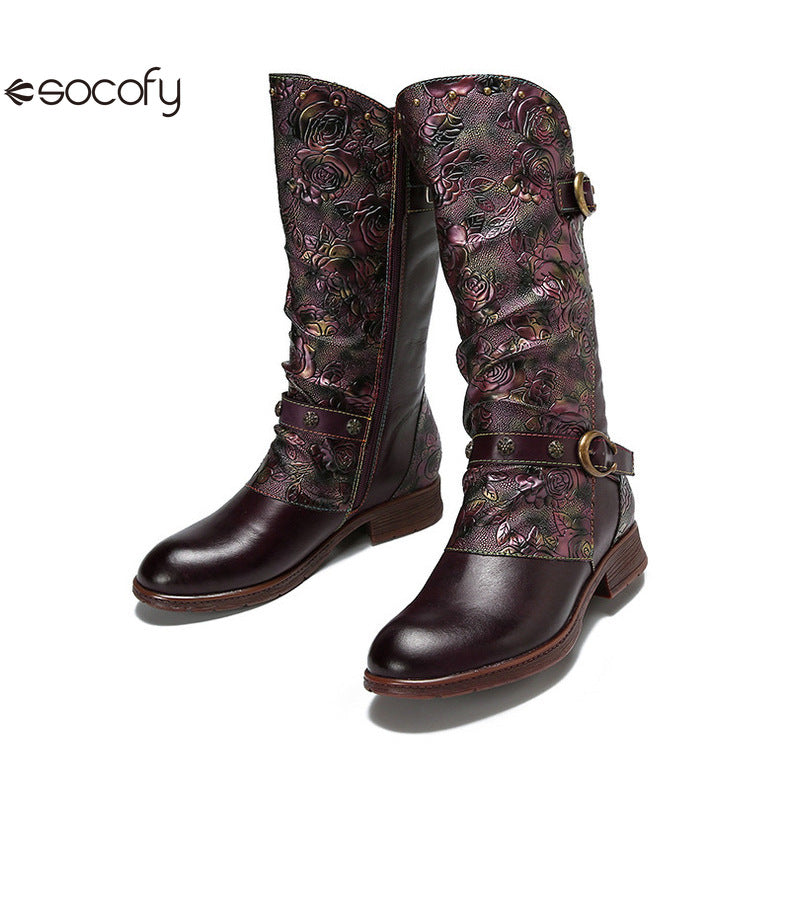 Socofy Vicconfy Side Zipper Vintage Floral Flat Heel Long Boots