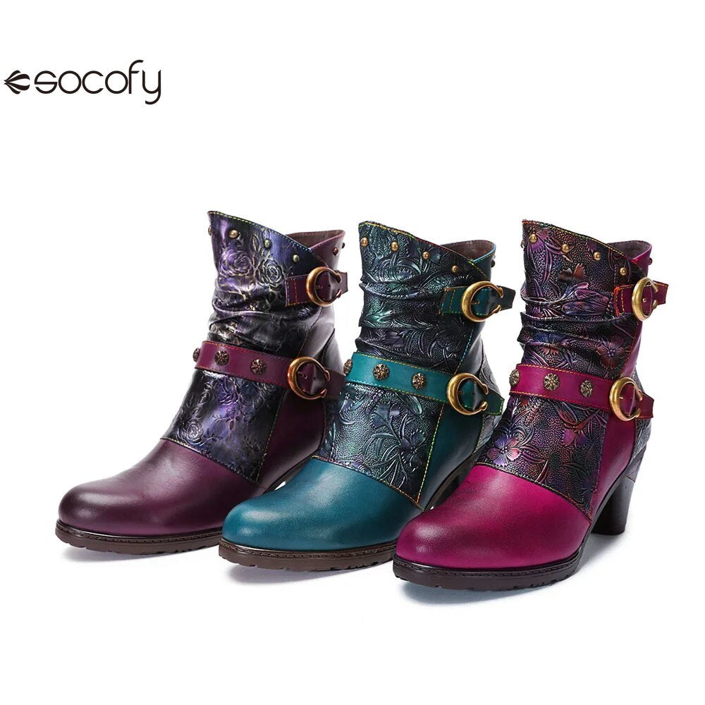 SOCOFY  Genuine Leather Retro Handmade Embossed Fashion Zip Winter Short Boots