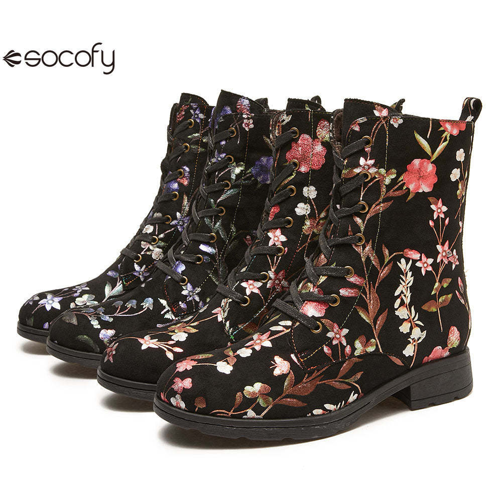 Socofy Autumn and winter warm and wear-resistant mid-calf round-toe cowhide leather fashion boots