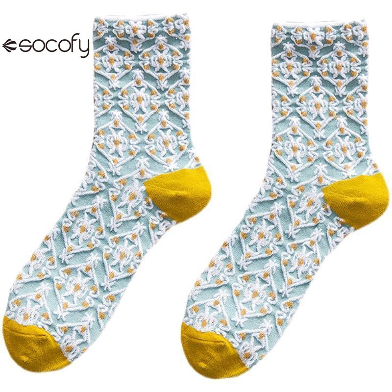 Socofy Vicconfy Vintage Cubic Embossed Socks Floral Mid-Calf Women's Socks