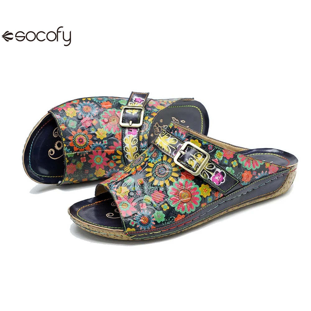 Socofy Spring Summer Genuine Leather Outside Slippers Hand-painted Retro Comfort Flat Sandals