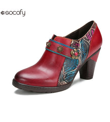 Socofy Vicconfy Genuine Leather Flower Buckle Side Zipper Pumps