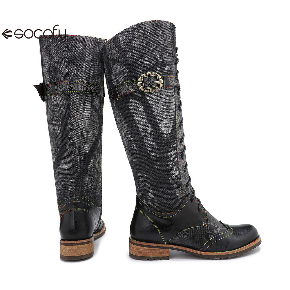 Socofy Vicconfy Genuine Leather Dark Flower Lace Up Flat Boots