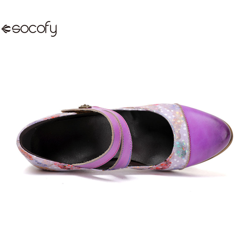 Socofy Vicconfy Genuine Leather Ethnic Vintage Style High Heeled Shoes