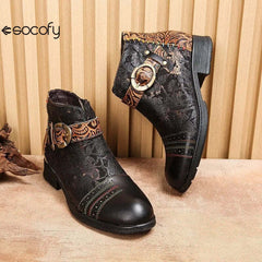 SOCOFY Genuine Leather Ethnic Style Round Toe Belt Buckle Handmade Embossing Short Boots