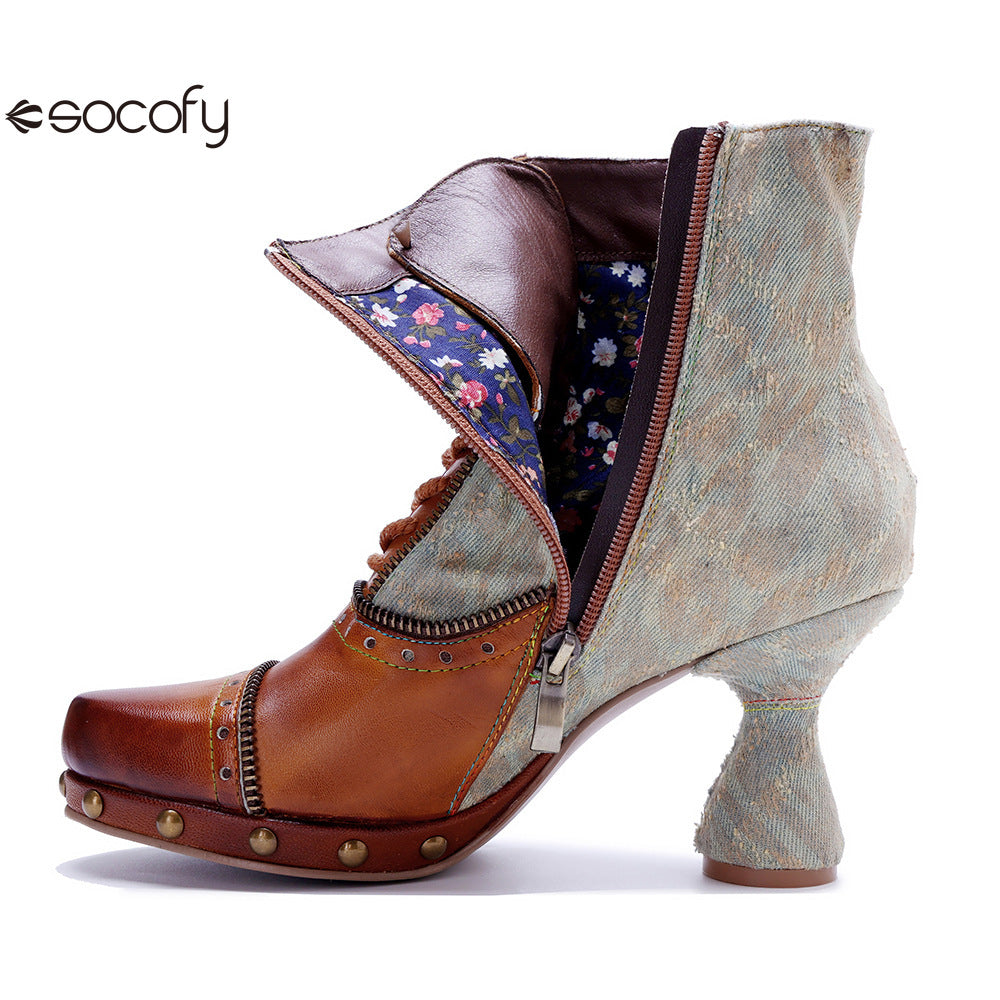 Socofy Vicconfy Retro Handmade Pachwork Fashionable Ankle Boots