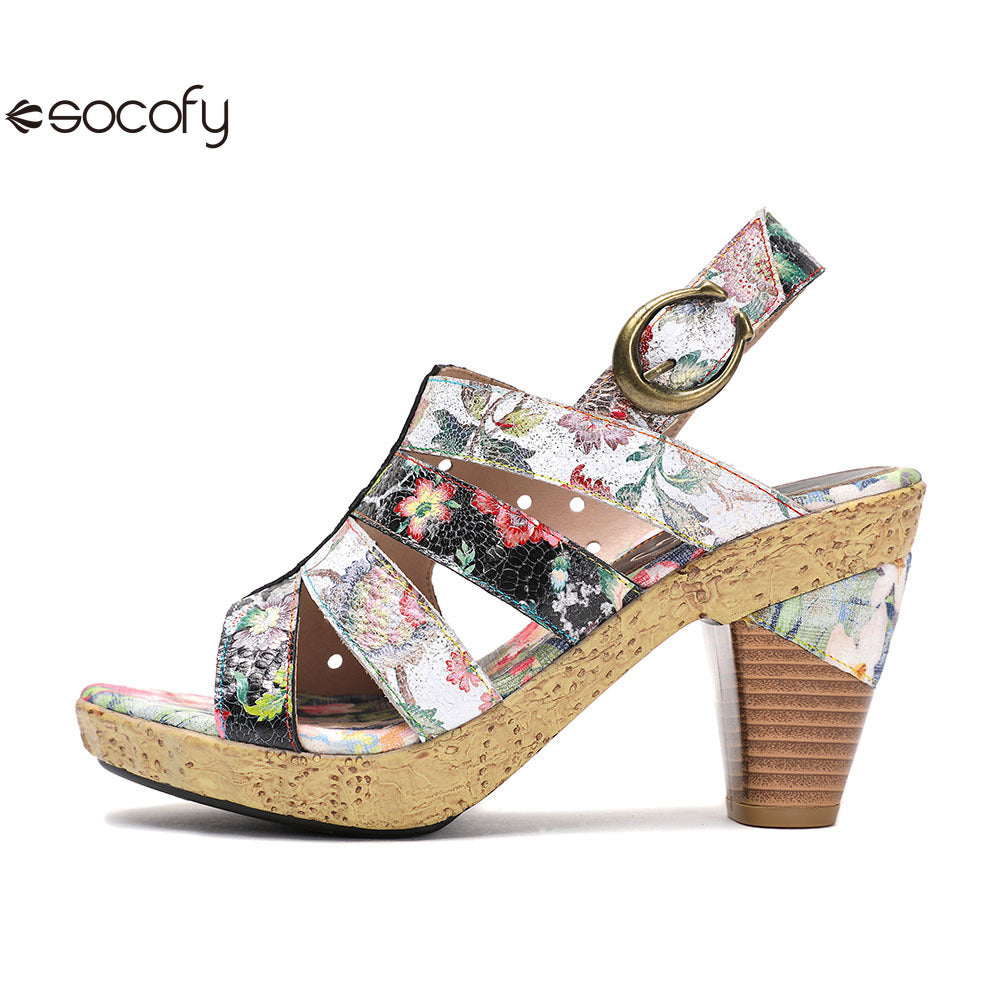 Socofy Vicconfy Leather Floral Heeled Black Sandals