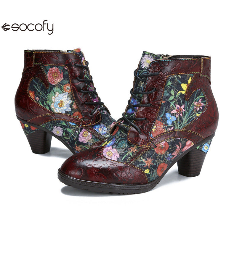 Socofy Vicconfy Vintage Floral Cowhide Ethnic Women's Leather Boots